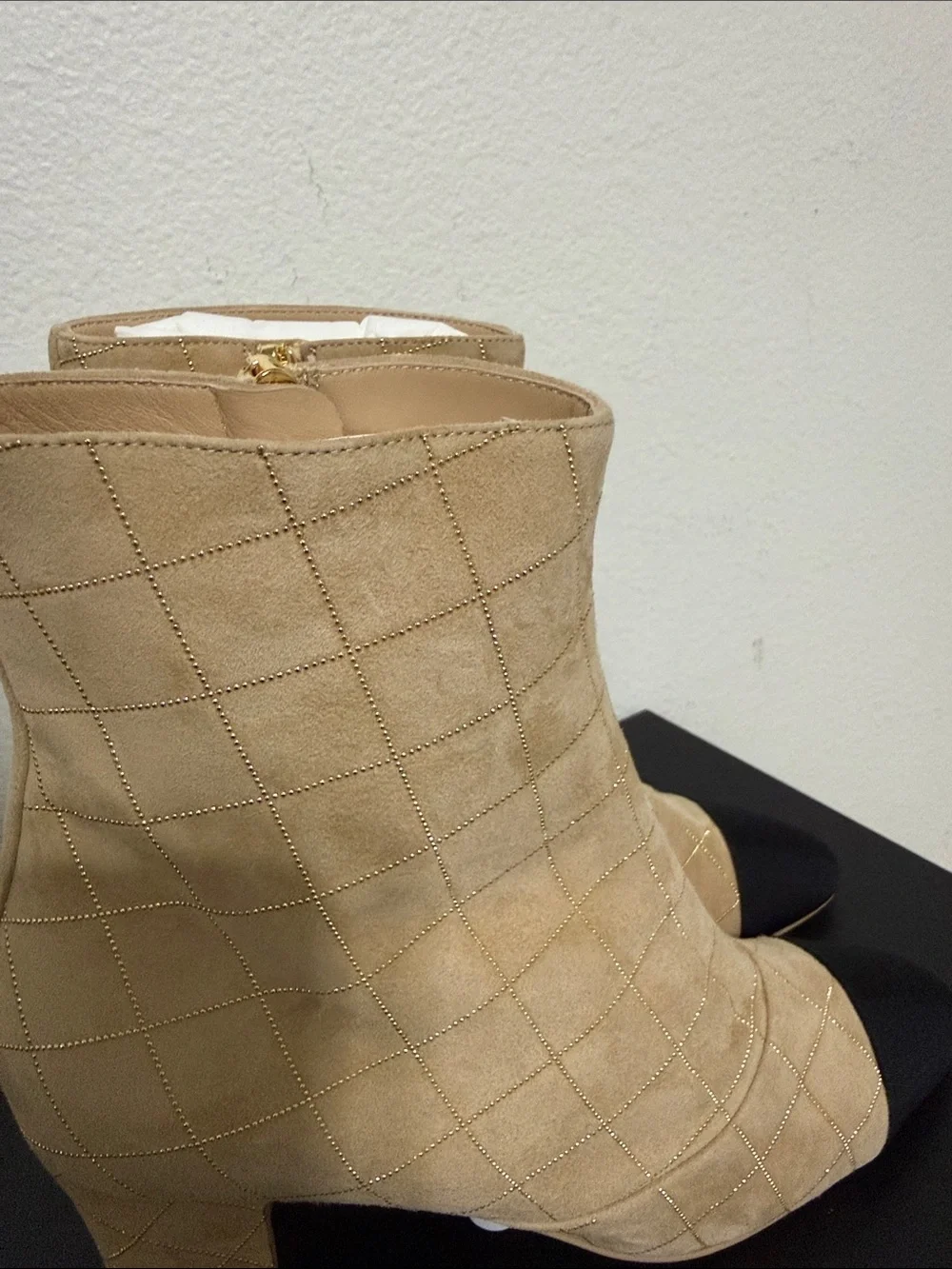 CHANEL Beige Quilted Ankle Boots with Black Cap Toe